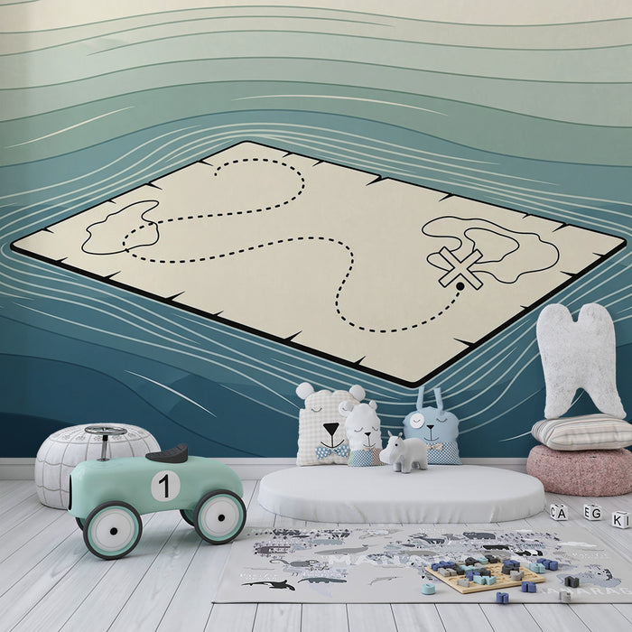 Kids' Room Wallpaper | Floating Treasure Map on Ocean Background