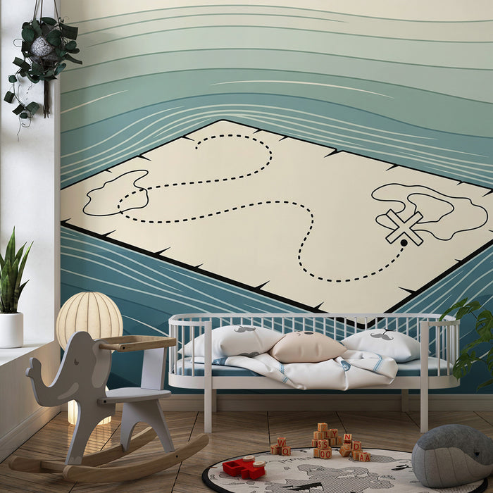 Kids' Room Wallpaper | Floating Treasure Map on Ocean Background