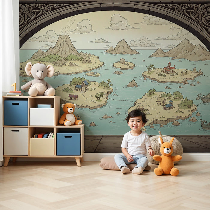 Papel de parede para quarto infantil | Mapa do tesouro mágico com ilhas e criaturas fantásticas