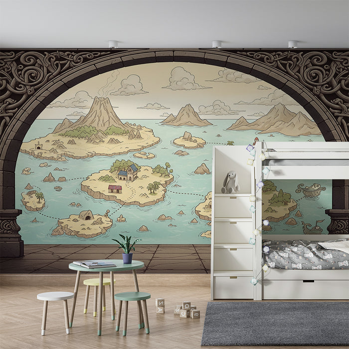Papel de parede para quarto infantil | Mapa do tesouro mágico com ilhas e criaturas fantásticas