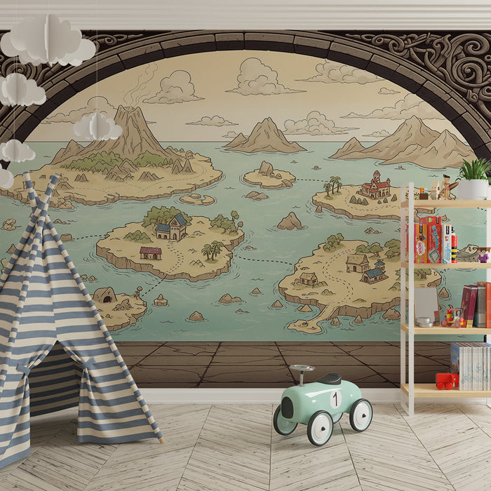 Papel de parede para quarto infantil | Mapa do tesouro mágico com ilhas e criaturas fantásticas