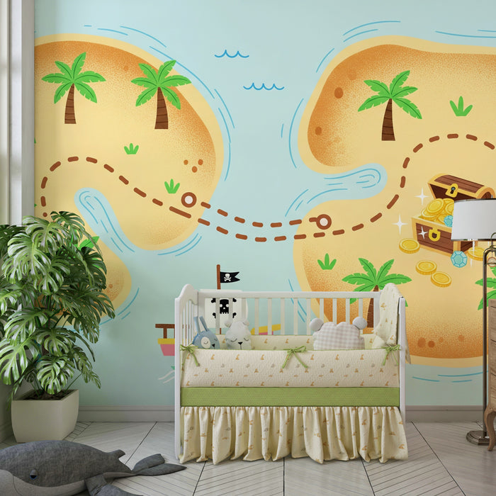 Kids room wallpaper | Pirate treasure map and tropical island