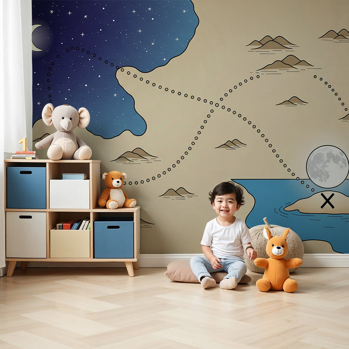 Papel de parede infantil | Mapa do tesouro sob um céu estrelado