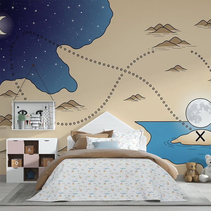 Papel de parede infantil | Mapa do tesouro sob um céu estrelado