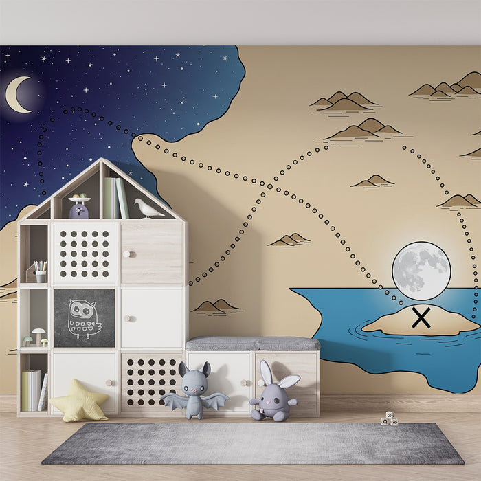 Papel de parede infantil | Mapa do tesouro sob um céu estrelado