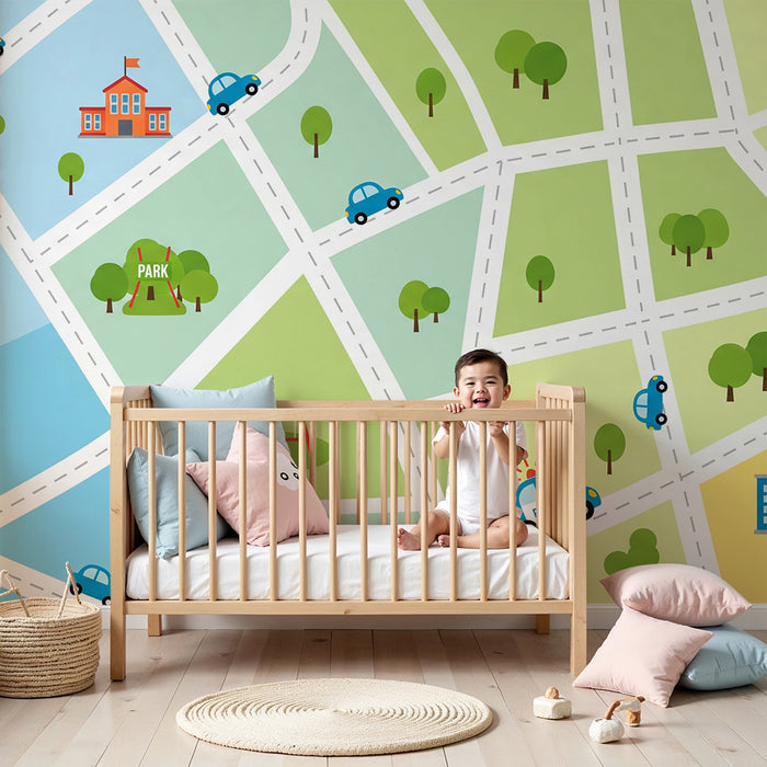 Behang kinderkamer | Kleurrijke stadskaart met auto's en leuke plekken