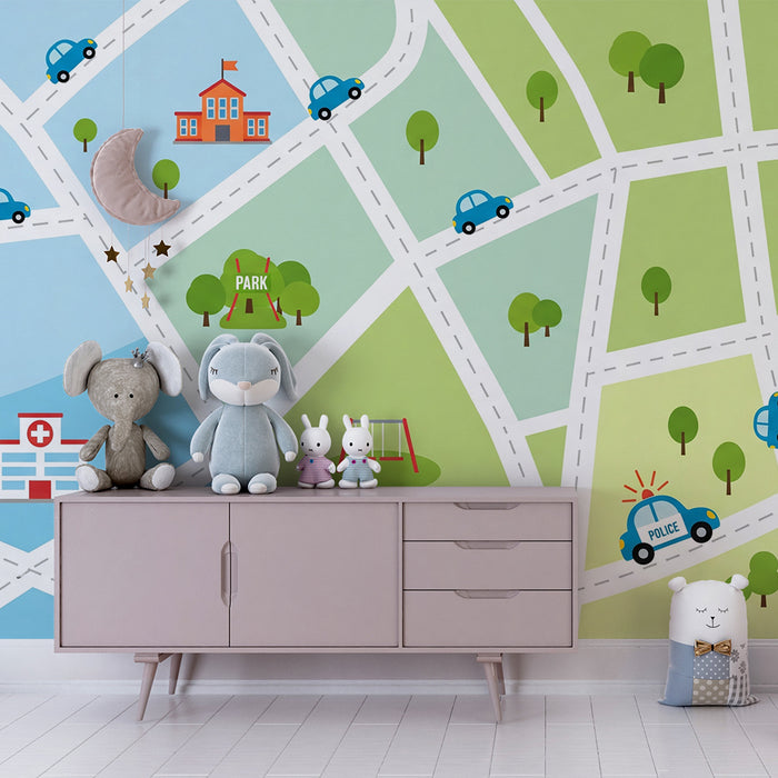 Behang kinderkamer | Kleurrijke stadskaart met auto's en leuke plekken