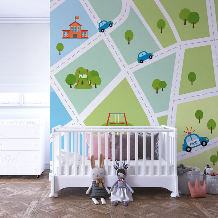 Behang kinderkamer | Kleurrijke stadskaart met auto's en leuke plekken