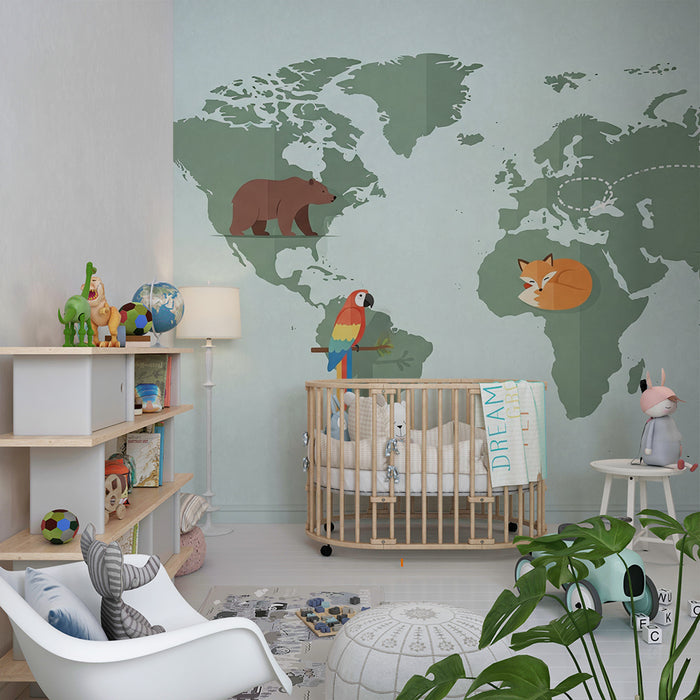 Tapet barnerom | Verdenskart med fargerike dyr og fly