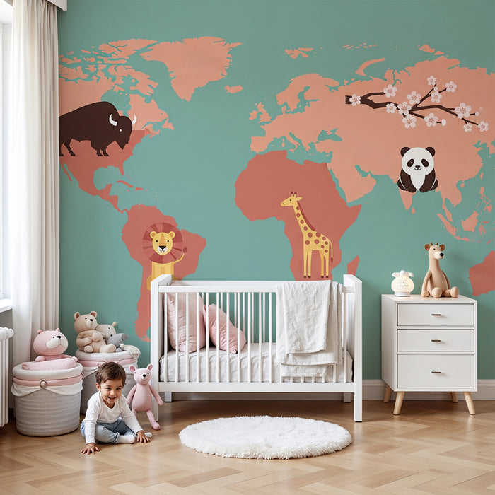 Papier de perete pentru camera copilului | Harta lumii cu animale colorate și modele ludice