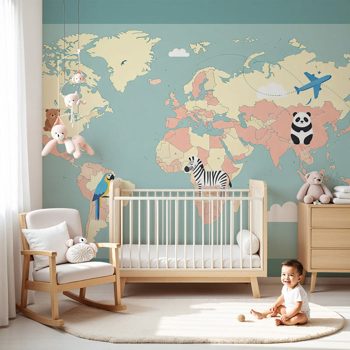 Gyermekszoba tapéta | Színes állatokkal és felhőkkel díszített világtérkép