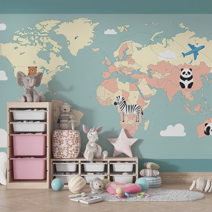 Gyermekszoba tapéta | Színes állatokkal és felhőkkel díszített világtérkép