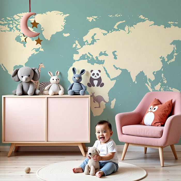 Papier peint chambre enfant | Carte du monde avec animaux du sud
