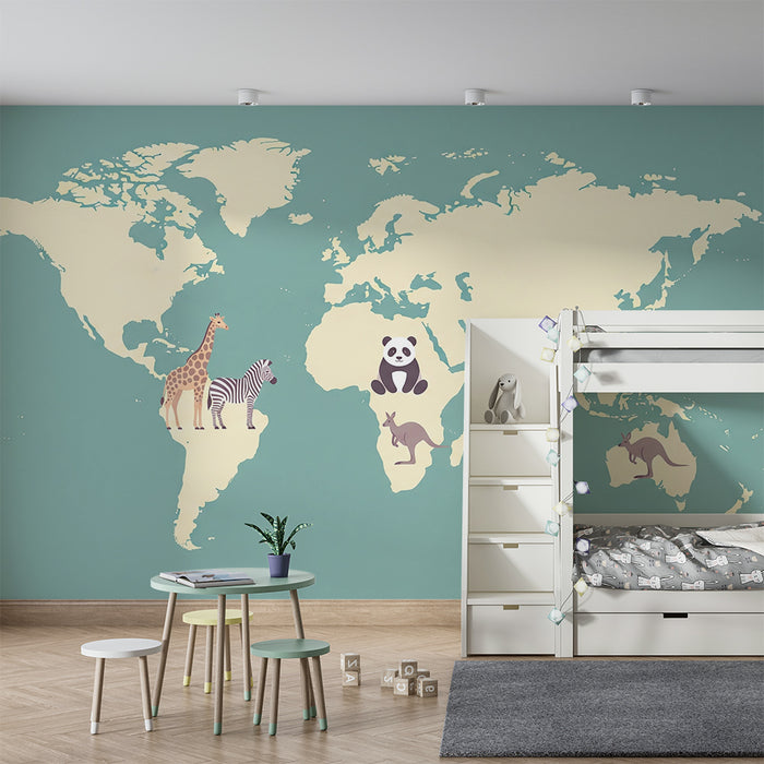 Papier peint chambre enfant | Carte du monde avec animaux du sud
