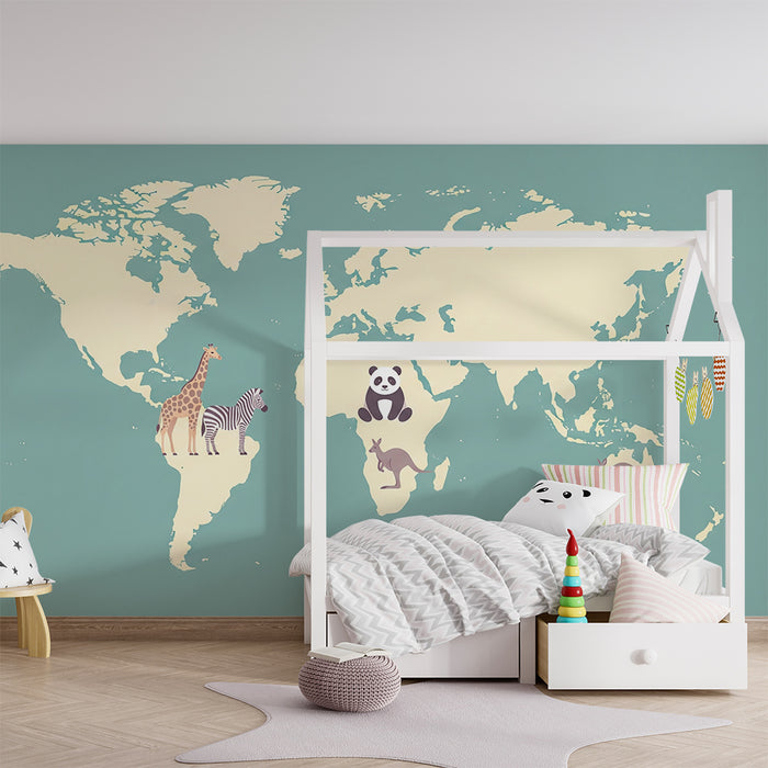 Papier peint chambre enfant | Carte du monde avec animaux du sud