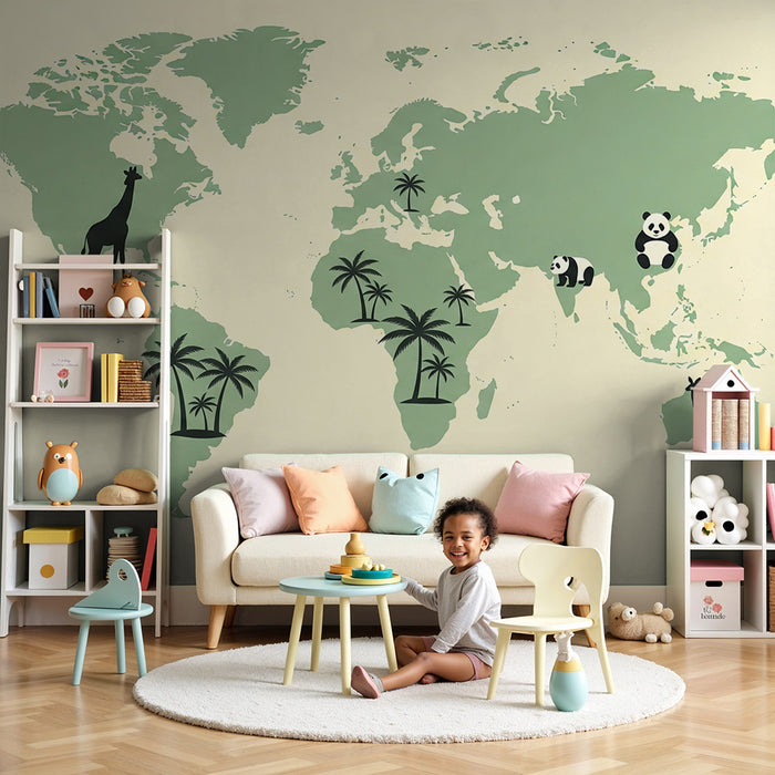 Papel de parede criança | Mapa do mundo com animais emblemáticos