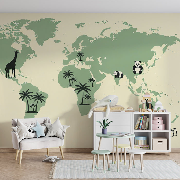Papel de parede criança | Mapa do mundo com animais emblemáticos
