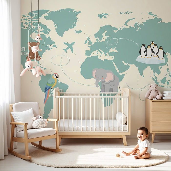 Papier peint chambre enfant | Carte du monde avec animaux en voyage