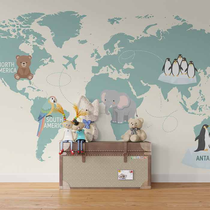 Papier peint chambre enfant | Carte du monde avec animaux en voyage