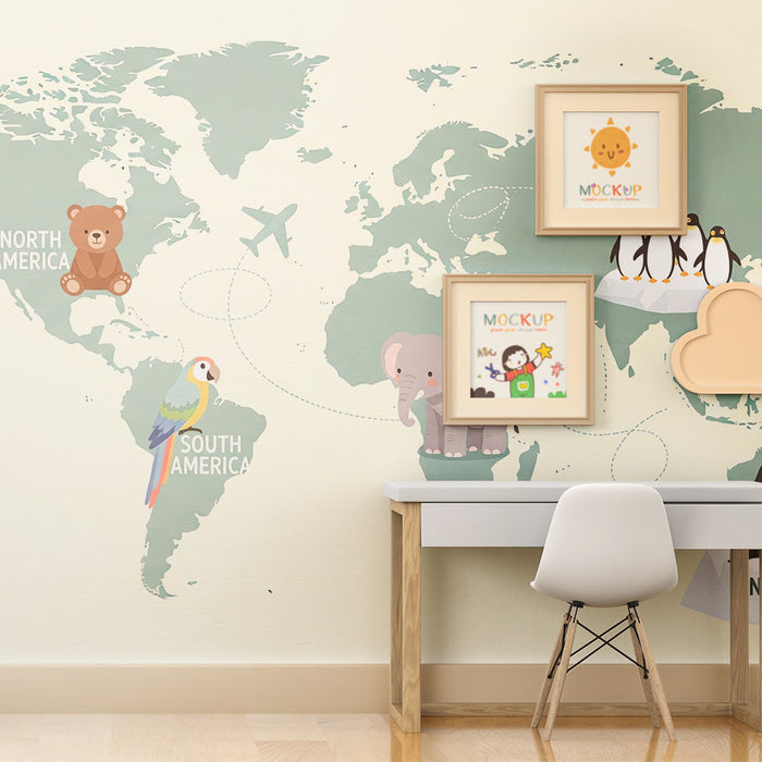 Papier peint chambre enfant | Carte du monde avec animaux en voyage