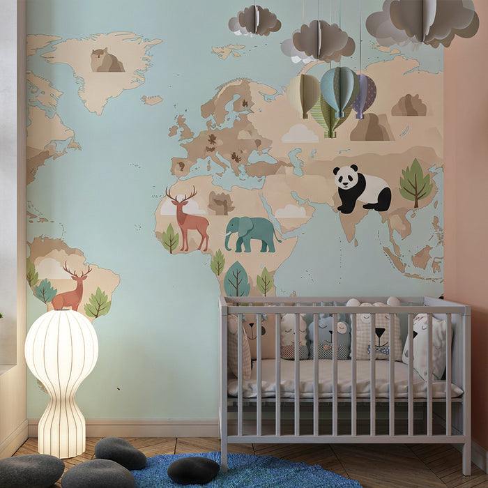 Papel de parede criança | Карта на света бежов фон със синьо небе с животни