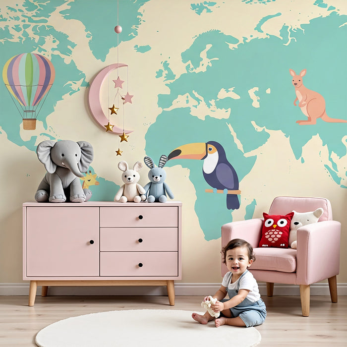 Gyerekszoba tapéta | Kék és bézs világtérkép vicces állatokkal