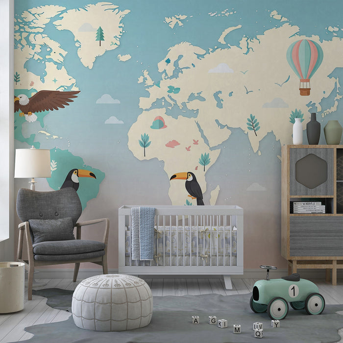 Papel de parede criança | Mapa-múndi colorido com animais e balão de ar quente