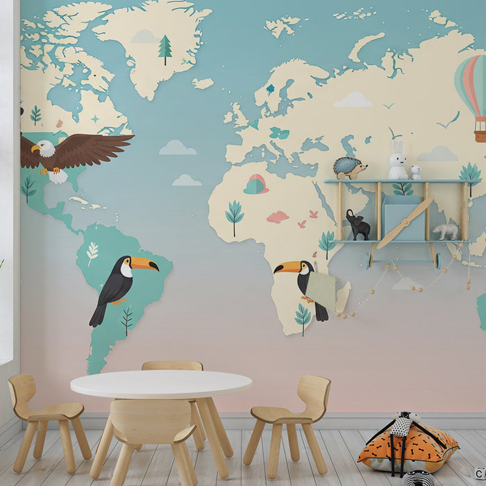 Papel de parede criança | Mapa-múndi colorido com animais e balão de ar quente