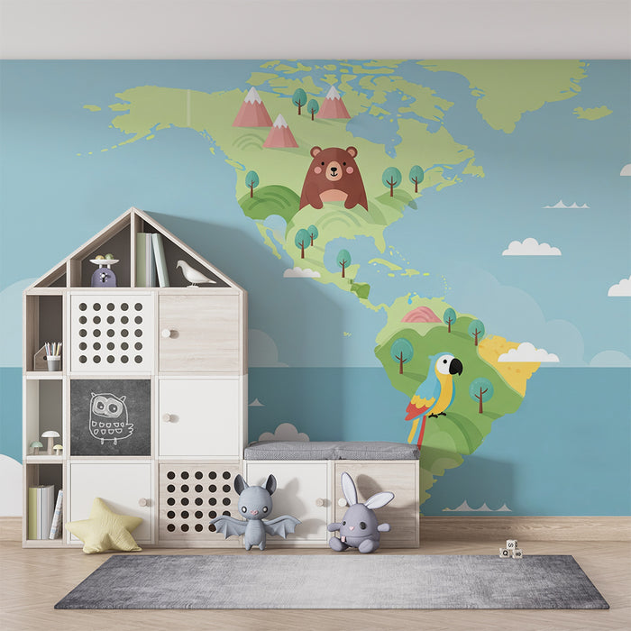 Tapeta do detskej izby | Farebná mapa sveta so zvieratami a krajinkami