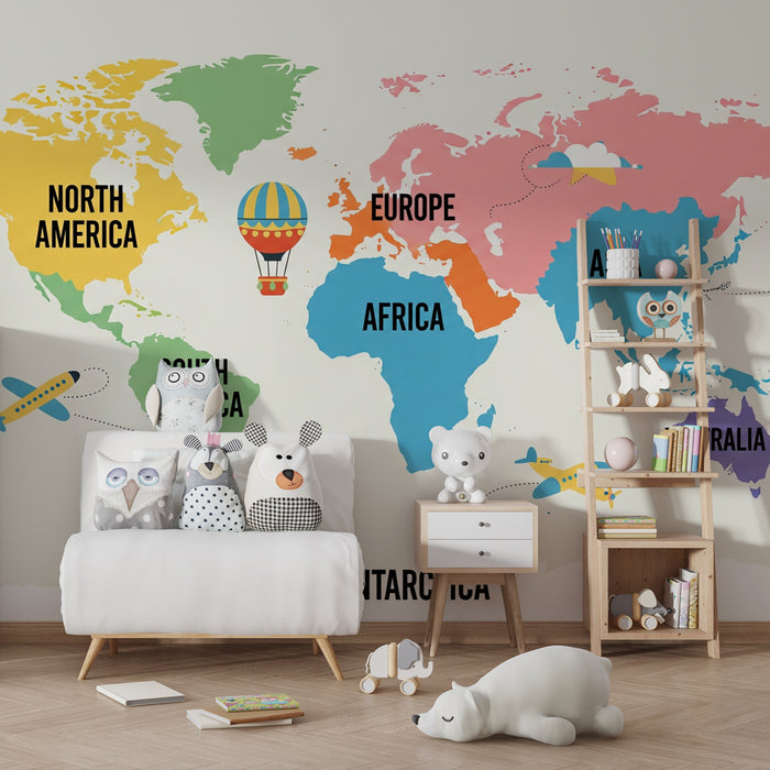 Kids room wallpaper | Värviline maailmakaart koos lennukite ja õhupallidega