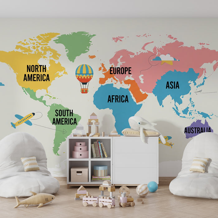 Kids room wallpaper | Värviline maailmakaart koos lennukite ja õhupallidega