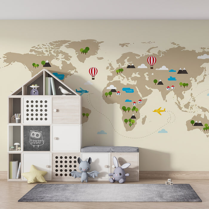 Kids room wallpaper | Värviline maailmakaart koos lennukite ja maastikega