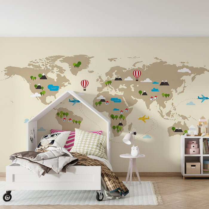 Kids room wallpaper | Värviline maailmakaart koos lennukite ja maastikega