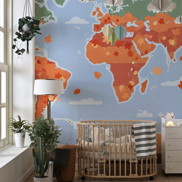Kinderkamer behang | Kleurrijke wereldkaart met herfstbladeren