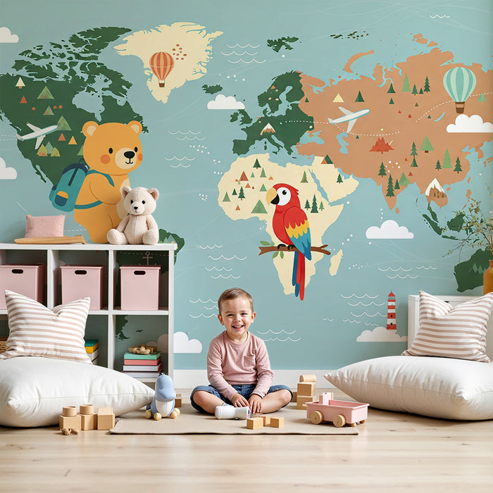 Carta da parati per camera bambini | Mappa del mondo colorata con orso e pappagallo avventurieri