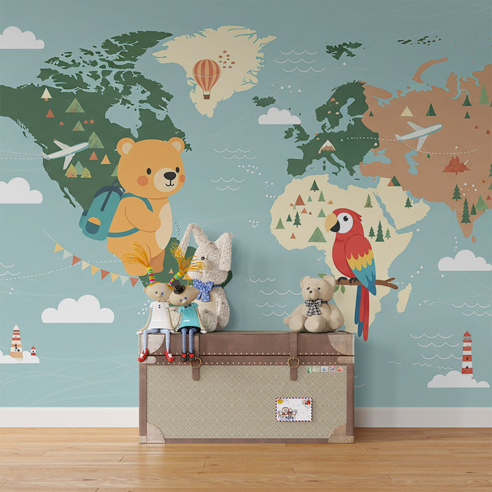 Carta da parati per camera bambini | Mappa del mondo colorata con orso e pappagallo avventurieri