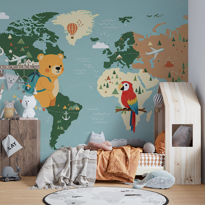Carta da parati per camera bambini | Mappa del mondo colorata con orso e pappagallo avventurieri