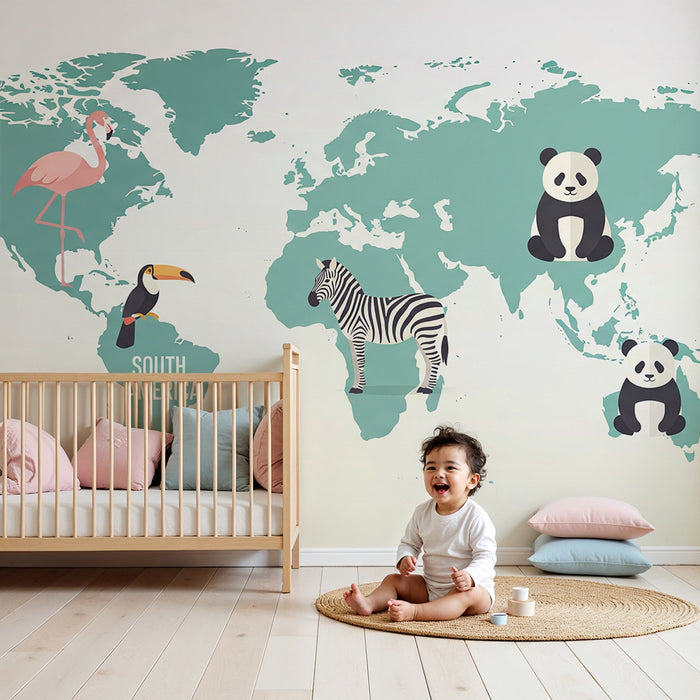 Papier peint chambre enfant | Carte du monde couleur vert d'eau avec animaux
