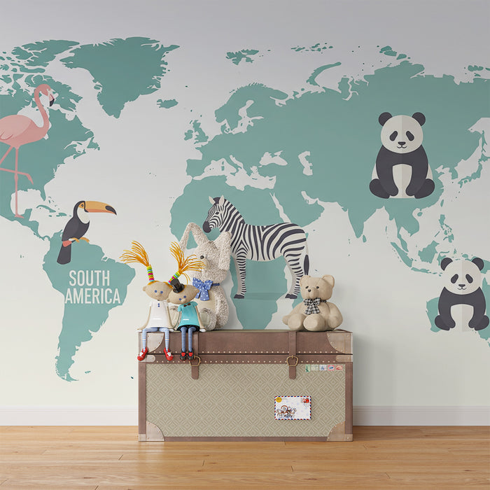 Papier peint chambre enfant | Carte du monde couleur vert d'eau avec animaux