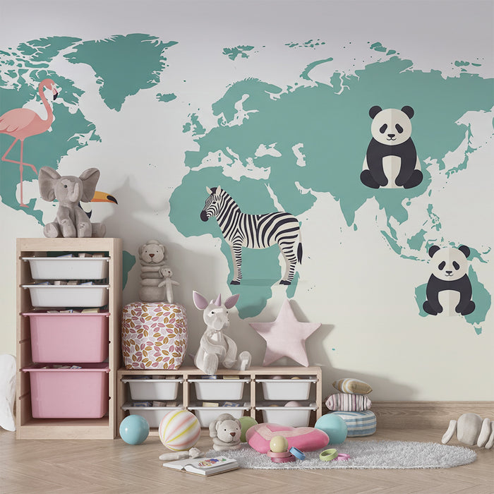 Papier peint chambre enfant | Carte du monde couleur vert d'eau avec animaux