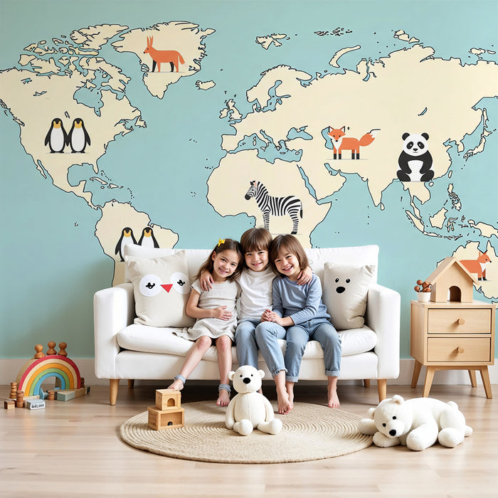 Papier peint chambre enfant | Carte du monde dessinée avec animaux