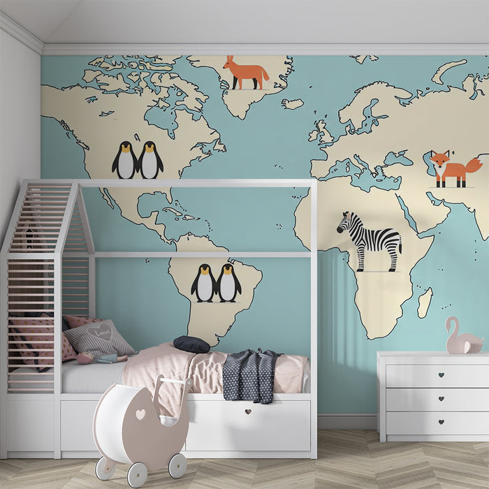 Papier peint chambre enfant | Carte du monde dessinée avec animaux