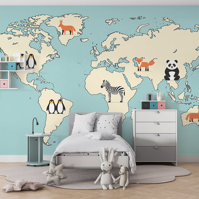 Papier peint chambre enfant | Carte du monde dessinée avec animaux