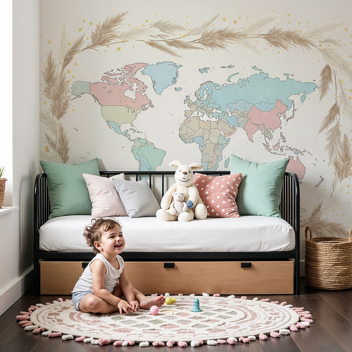 Papel pintado infantil | Mapa del mundo suave con colores pastel y elementos naturales