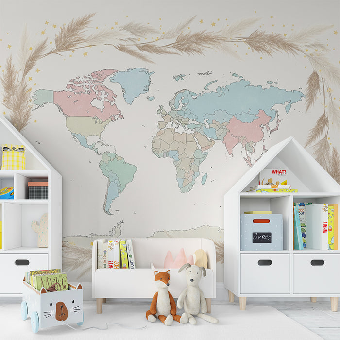 Papel pintado infantil | Mapa del mundo suave con colores pastel y elementos naturales