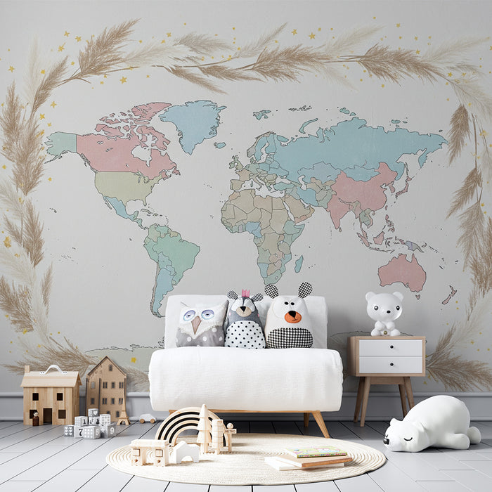 Papel pintado infantil | Mapa del mundo suave con colores pastel y elementos naturales