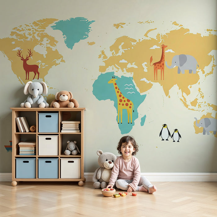 Papel de parede criança | Mapa-múndi amarelo e azul com animais