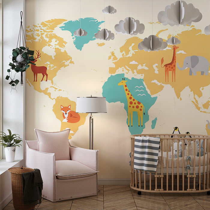 Papel de parede criança | Mapa-múndi amarelo e azul com animais