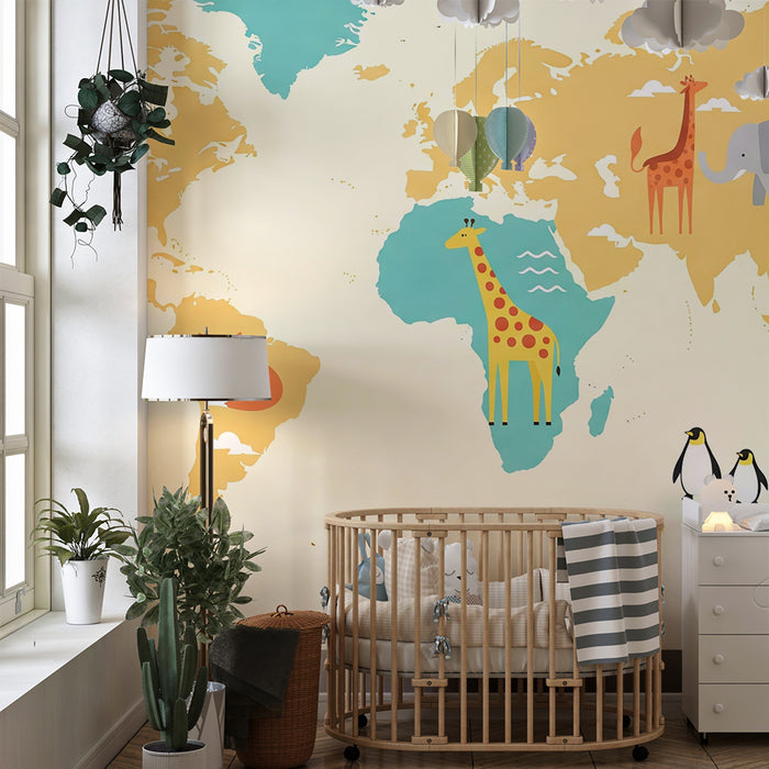 Papel de parede criança | Mapa-múndi amarelo e azul com animais