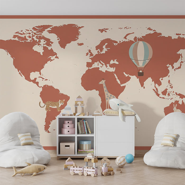 Papel de parede criança | Mapa do mundo lúdico com animais e balão de ar quente